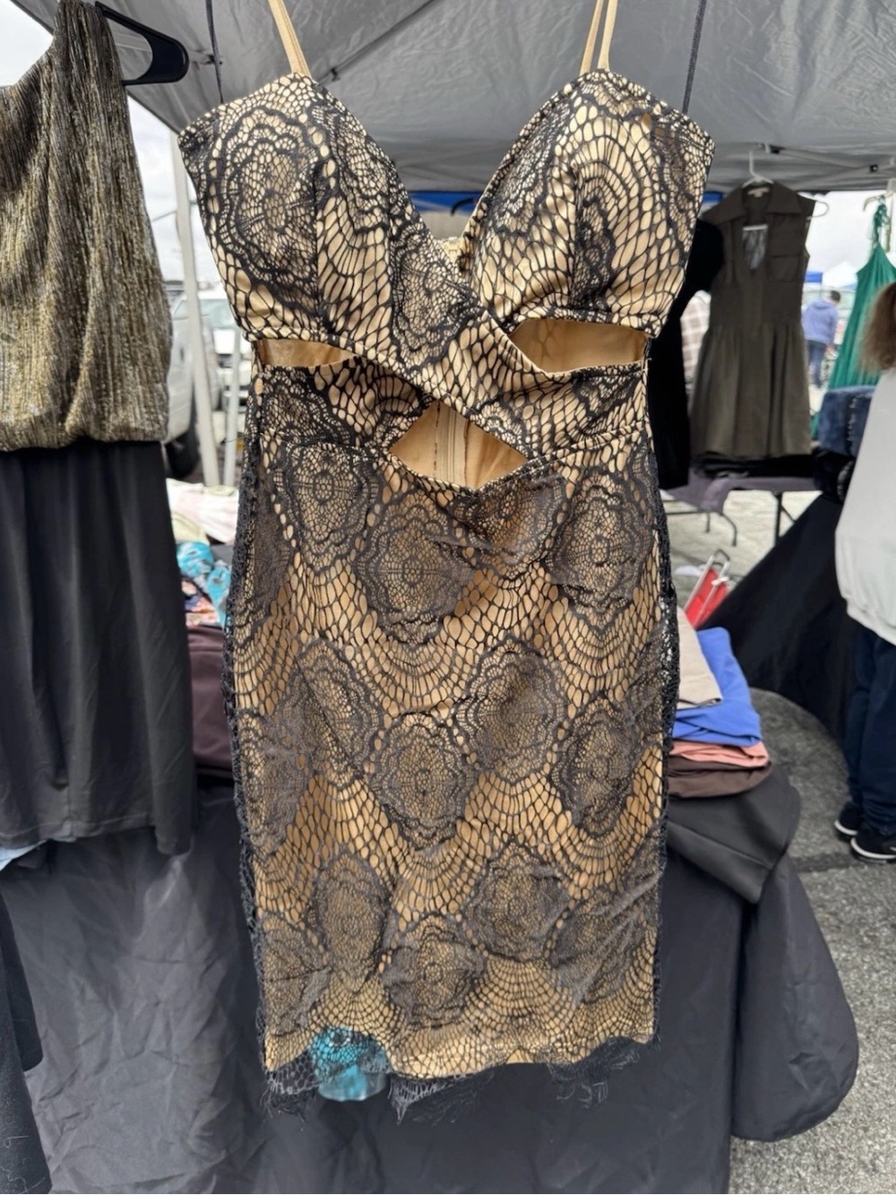 G by Guess Black Lace-Overlay on Gold Mini Dress